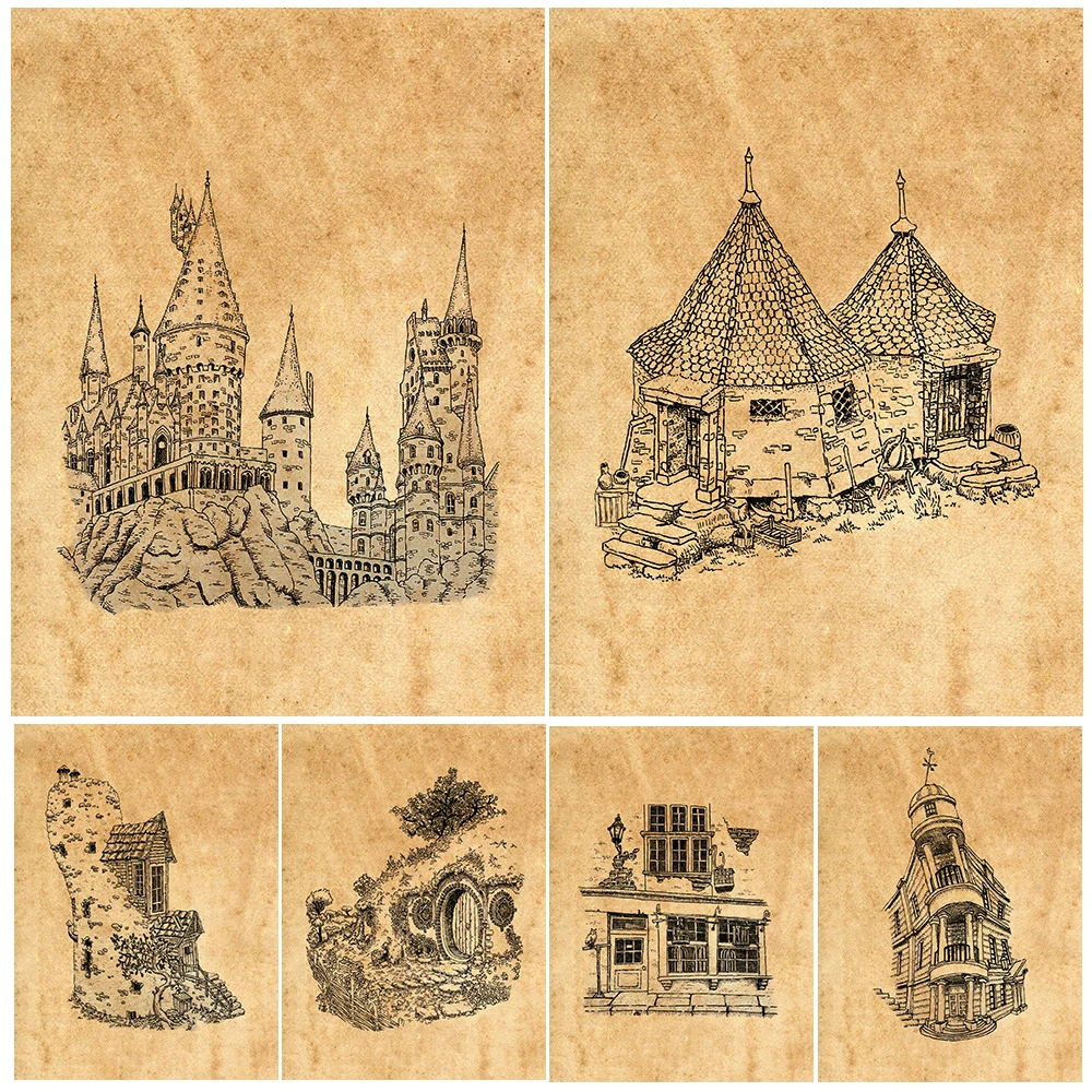 The House Of The Wizard And The Dwarf Abstract Wall Art Canvas Painting Magic Building Pencil Drawing Art Poster And Print Decor