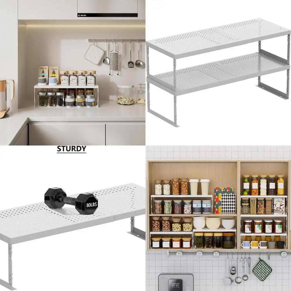 

Расширяемые металлические проволочные полки — штабелируемый органайзер для хранения для кухни, ванной комнаты, шкафов и офиса (2 больших белых комплекта)