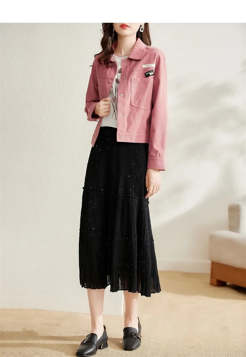 2024 Autumn New Female Splicing Long-sleeved Loose Letter Cotton Coat Top Women Korean Lapel Leisure Tooling Slim Short Jacket