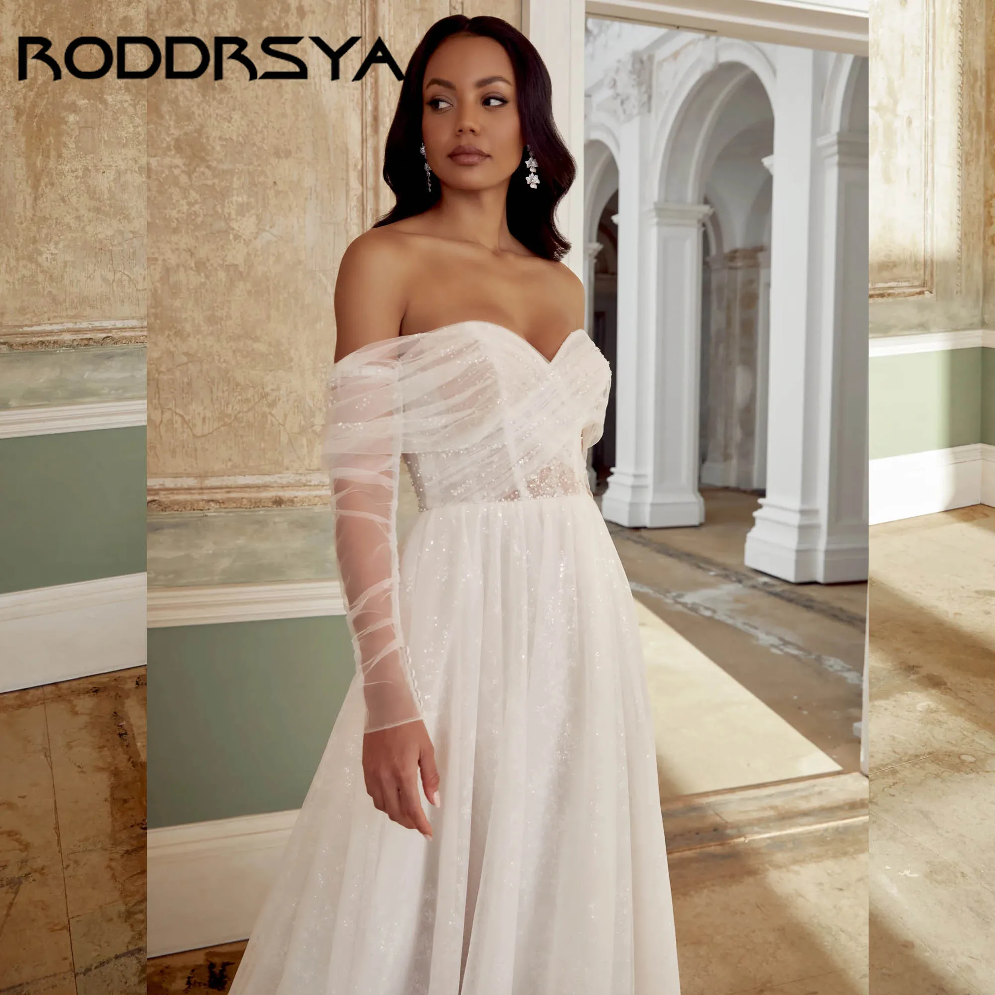 Suknia ślubna RODDRSY, linia A, tiul z efektem błyszczący, rozcięcie, odkryte ramiona, odkryte plecy, elegancka, dekolt w serduszko, vestidos de novia, możliwość personalizacji.