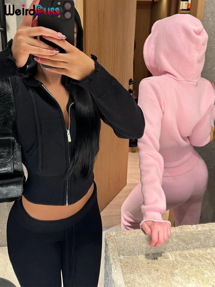 Weird Puss Casual Sporty 2 Piece Set Women Tracksuit Knit Hooded Zip Jacket+Straight Pants Sporty Stretch Matching Streetwear