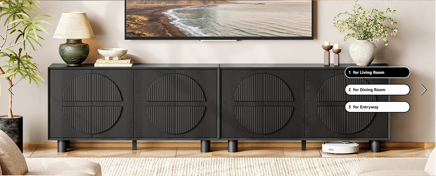 ONBRILL 63 Inch (160cm) Modern Fluted Buffet Cabinet - Storage Sideboard w/Push-Spring Doors, Entryway Dresser, Black