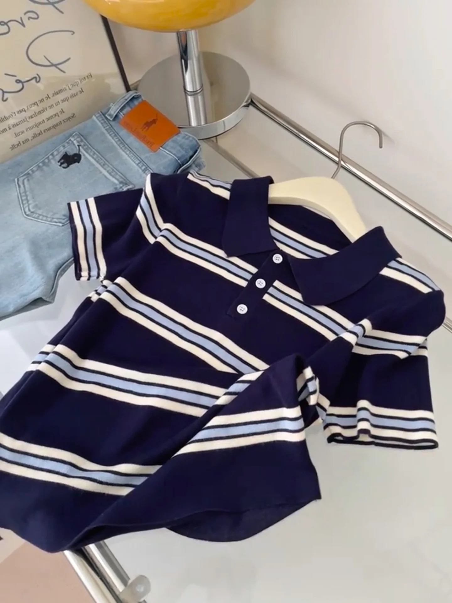 

Trendy Summer Ice Silk Knitted Loose Slimming Base irt Korean Faion ort Sve Striped T-irt Women's Loose Fit Top