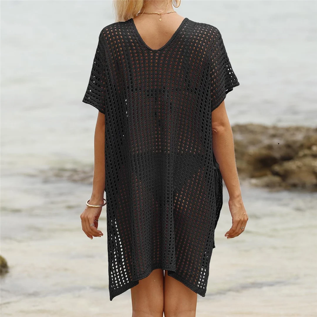 Kurzarm-Tunika mit V-Ausschnitt und Aushöhlungen, gehäkelt, Strickkleid, Strandkleid, Strandmode, Strandbekleidung, Strand-Cover-up, Damen, V8061 – Detail 8