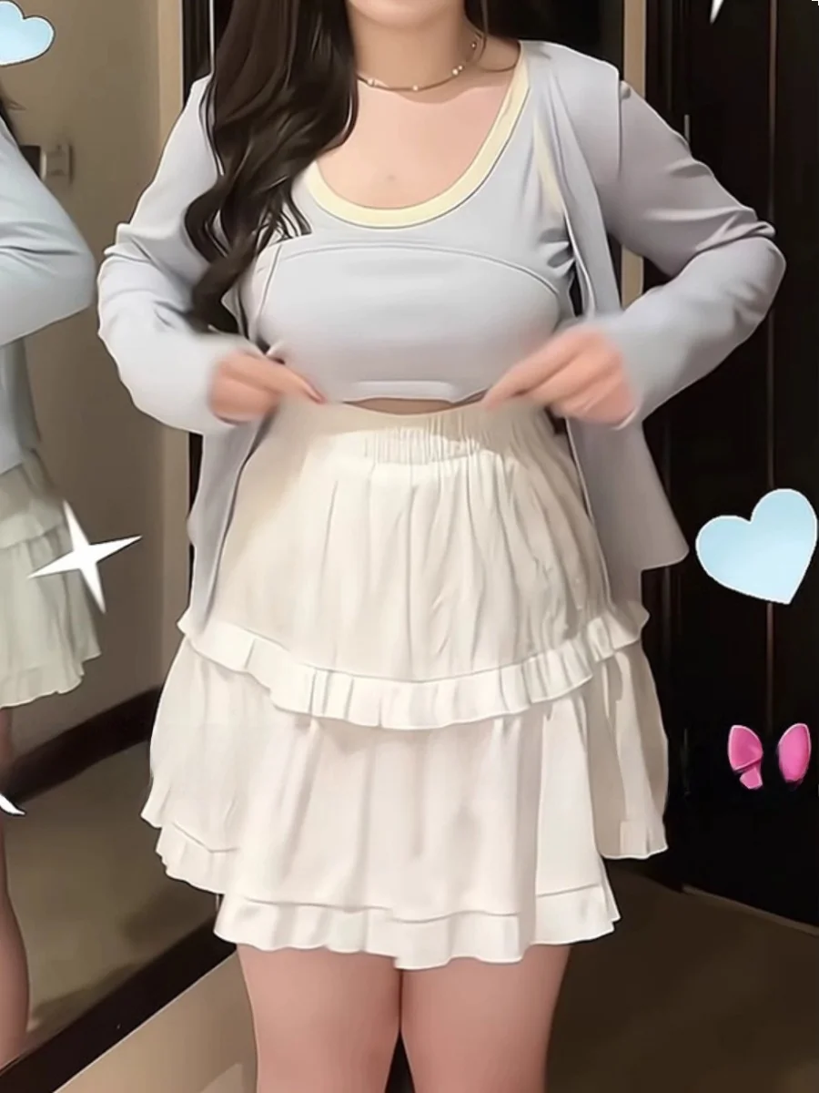 High Waist A-Line  Skirt White Puffy Pure Desire Style Commute Korean Version Pleated Short Cake Skirt Slimming Effect