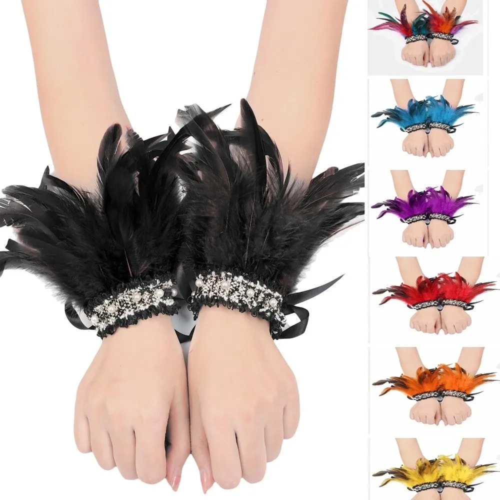 Fashion Lace Feather Wrist Cuffs Adjustable Lightweight Plume Bracelet Gothic Pearl Wristband Themed Party