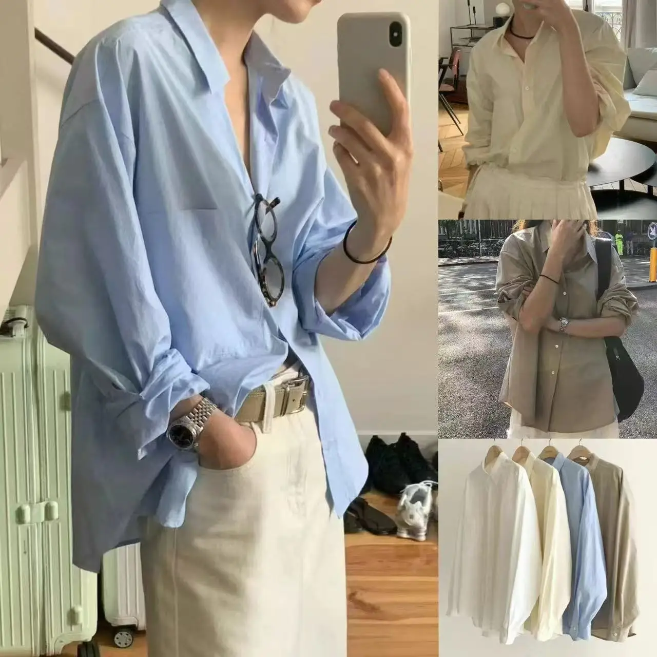 

Casual Loose Fit Long Sve Basic Color irt Turn-down Collar Single Button Ounce Versatile All Seasons Women's Top