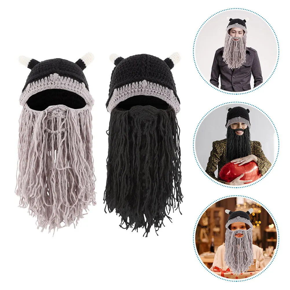 

DEARMAMY 2pcs Viking Hat with Horns Bearded Knit Cap Costume Party Accessory Yarn Themed Cosplay