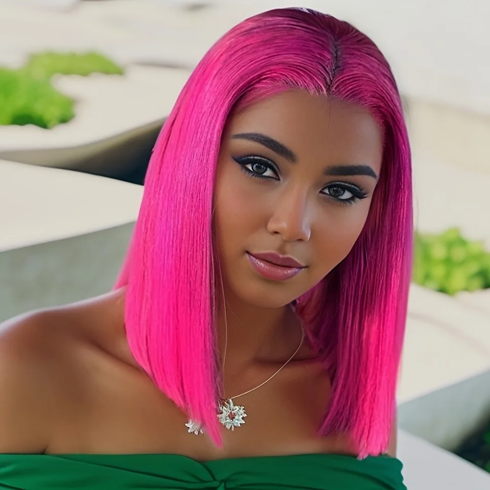 

Hot Pink Short Bob Wig Transparent Lace Front Human Hair Wigs Straight 13X4 P427 613 Blonde Cut Lace Frontal Wig
