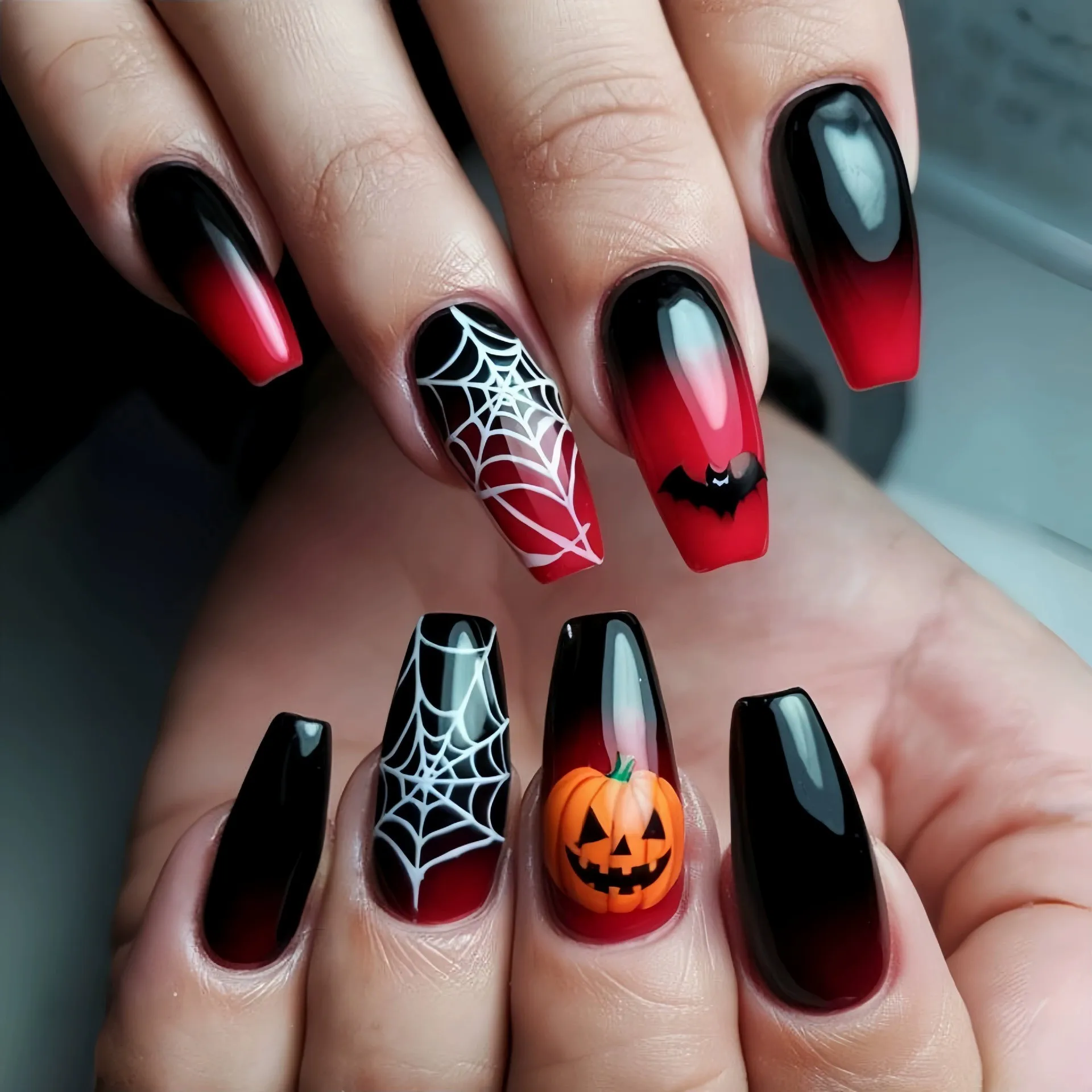 

24 шт., накладные ногти на Хэллоуин, черные, красные, градиентные, балетные, накладные ногти, паутина, дизайн, тыква, французский гроб, дизайн ногтей