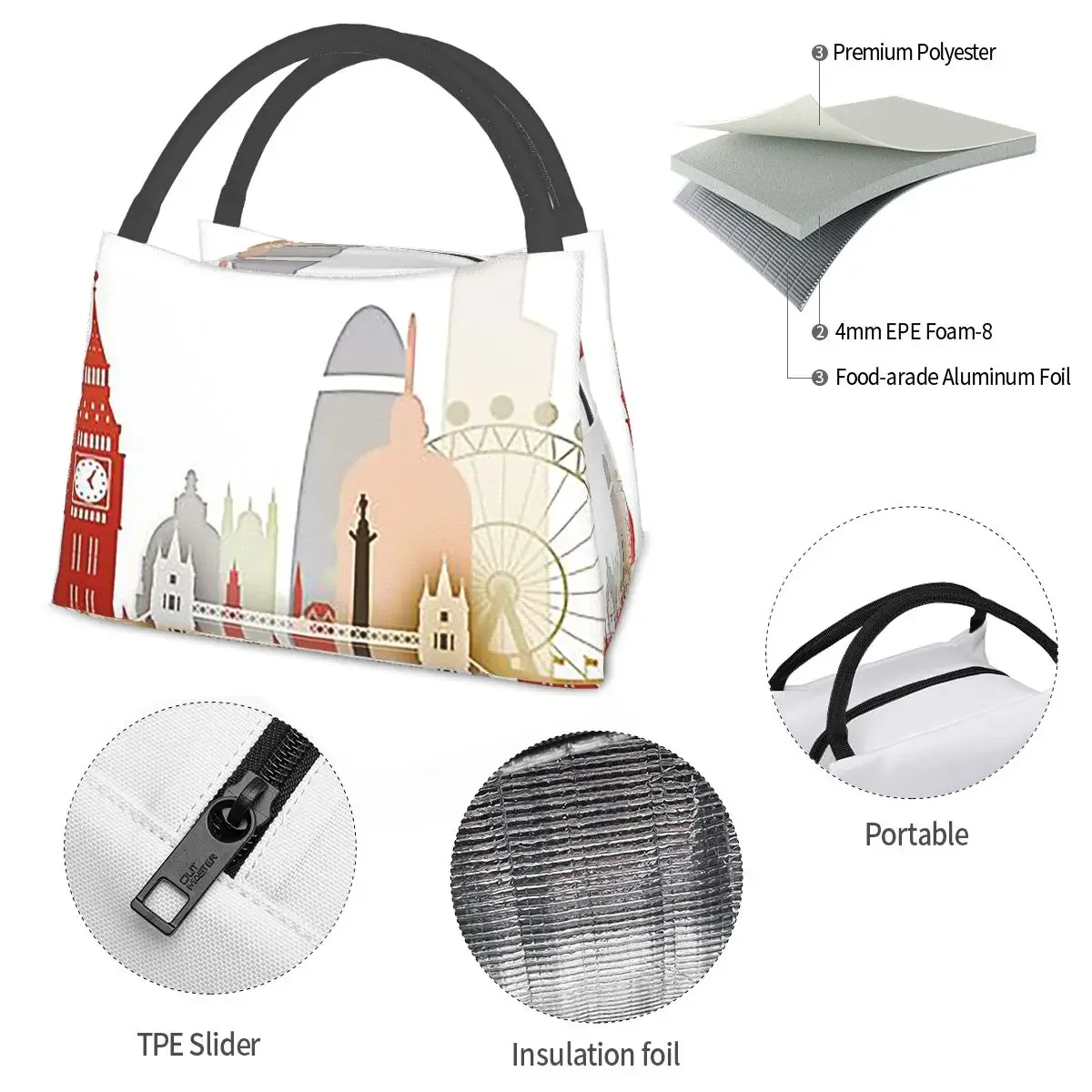 حقائب غداء لندن معزولة بينتو صندوق غداء محمول حقائب نزهة حقيبة حرارية مبرد للنساء والفتيات