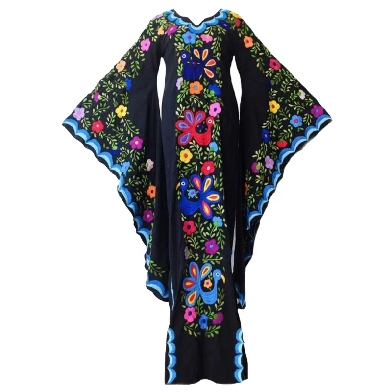 Medieval Cosplay Costume Vintage Women Floral Print Flared Sleeve Beach Bohemian Maxi Dress Ladies V-neck Vampire Dress Vestidos