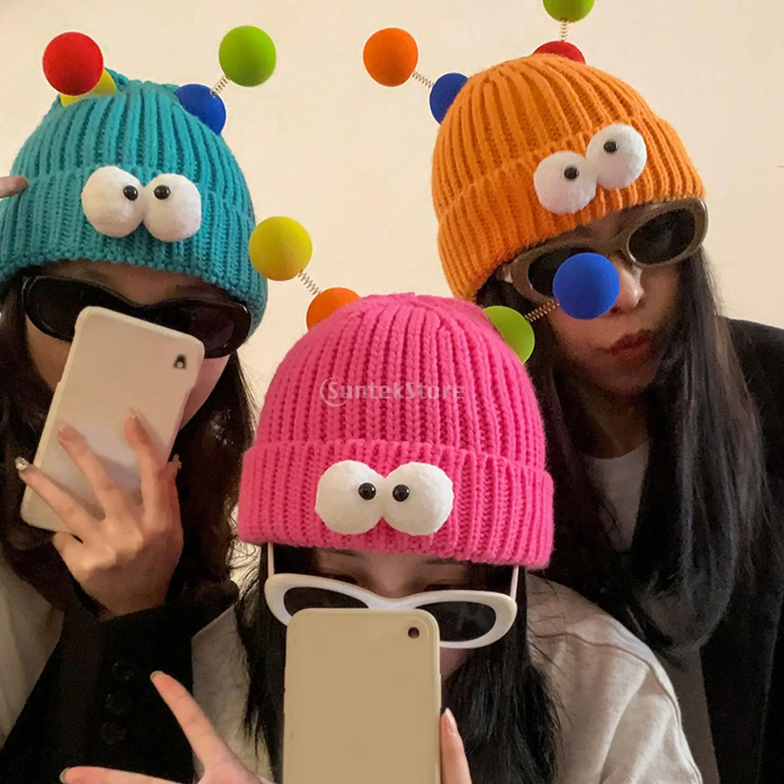 Winter Cute Glowing Little Monster Knit Hat Women Funny Glowing Pink Green Violet Beanie Hat Fashion Street Accessories