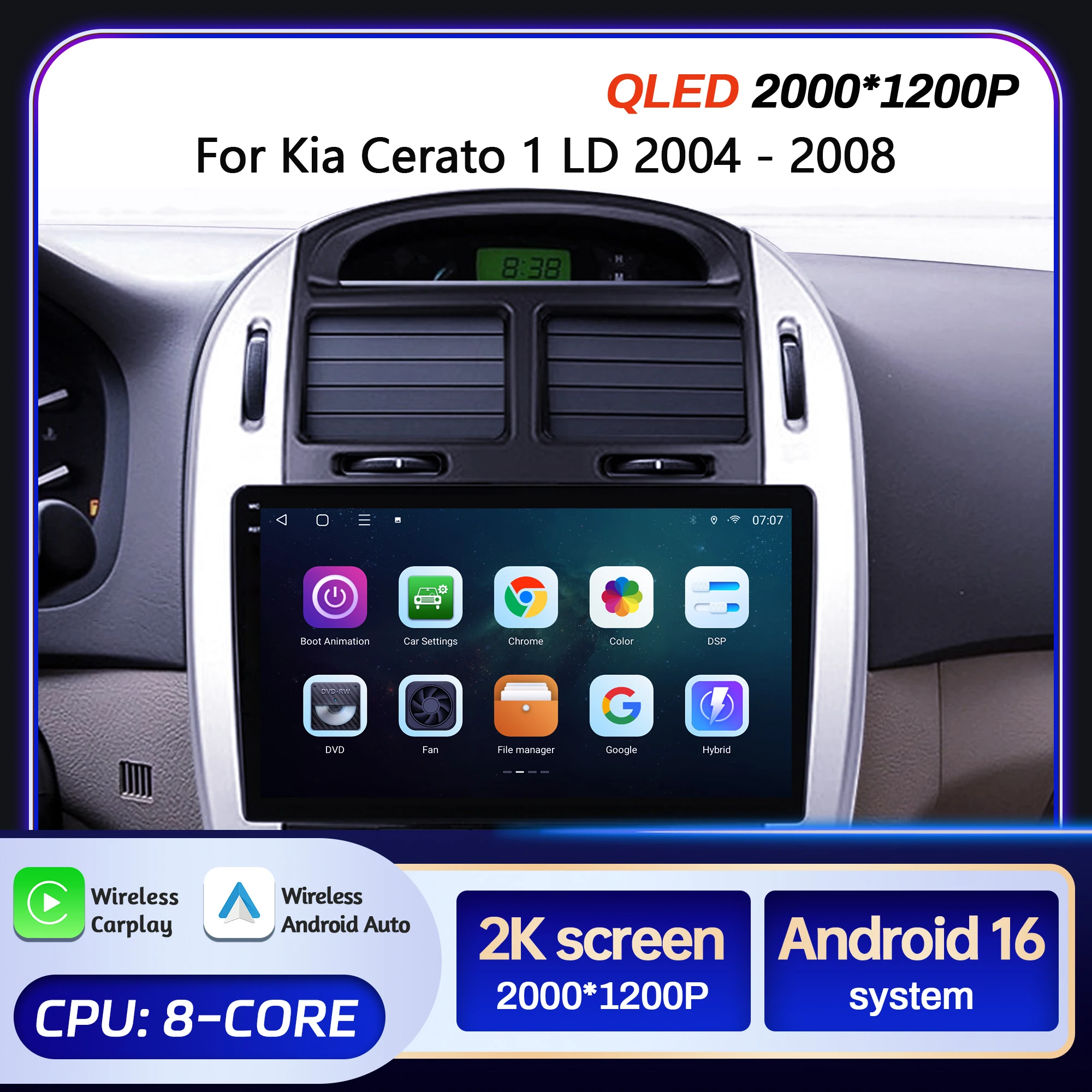 

9" For Kia Cerato 1 LD 2004 - 2008 Car Radio 2K QLED Screen Android 16 Wireless BT Carplay Touch 4G WIFI