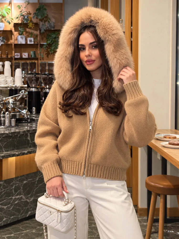 Tossy Winter Female Sweater Hoodie Cardigan Fluffy Zipper Patchwork Long Sleeve Ribbed Solid Knit Jacket Coat Women's Cardigan