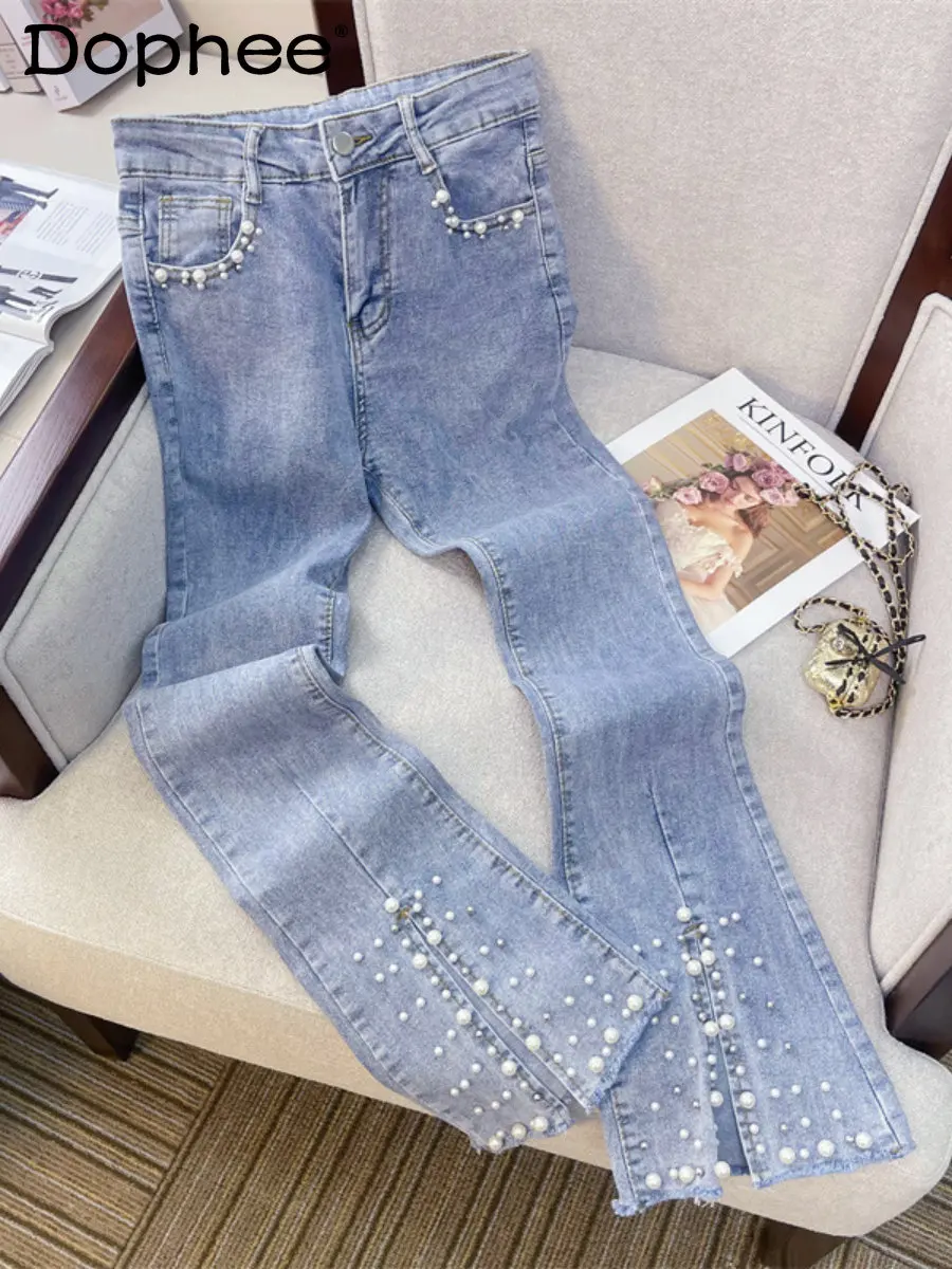 

Chic Beaded Drape Denim Trousers Women's 2023 Spring Summer New Slimming Cropped Flared Pants High Waist Slit Jeans High Street