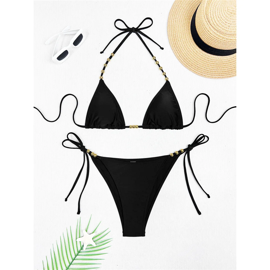 XS - L Neckholder-Bikini mit Metallperlen, Damen-Badeanzug, zweiteiliger Bikini-Set, hoher Beinausschnitt, Badebekleidung, Badeanzug, Schwimmanzug V7618 – Detail 4