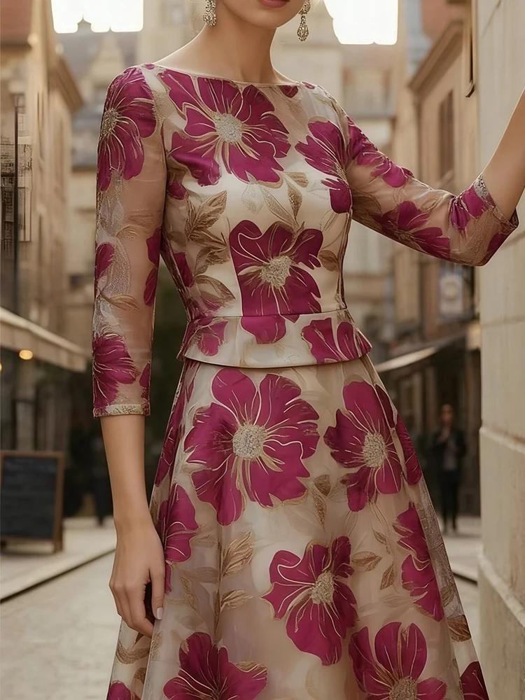 Vintage O-Ausschnitt Kleid mit Musterdruck und Halben Ärmeln, Elegantes Sommerkleid mit Hoher Taille, A-Linie Maxikleid, Stilvolles Bankett-Kleid mit Einsätzen
