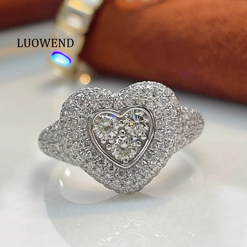 LUOWEND 100% 18K White Gold Rings Luxury Heart Shape 1.85carat Real Natural Diamond Cocktail Ring for Women High Party Jewelry