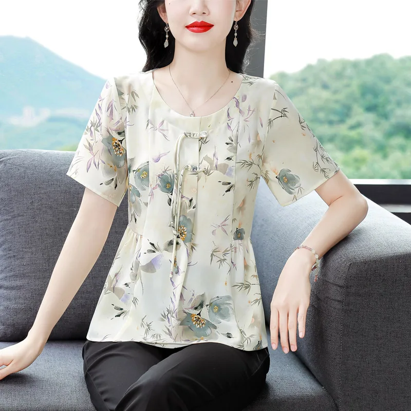 Summer Fashion Floral Print O-neck Short Sleeve Blouses Women Casual Loose Bandage Chiffon Shirts Elegant Chic Tops M-4XL