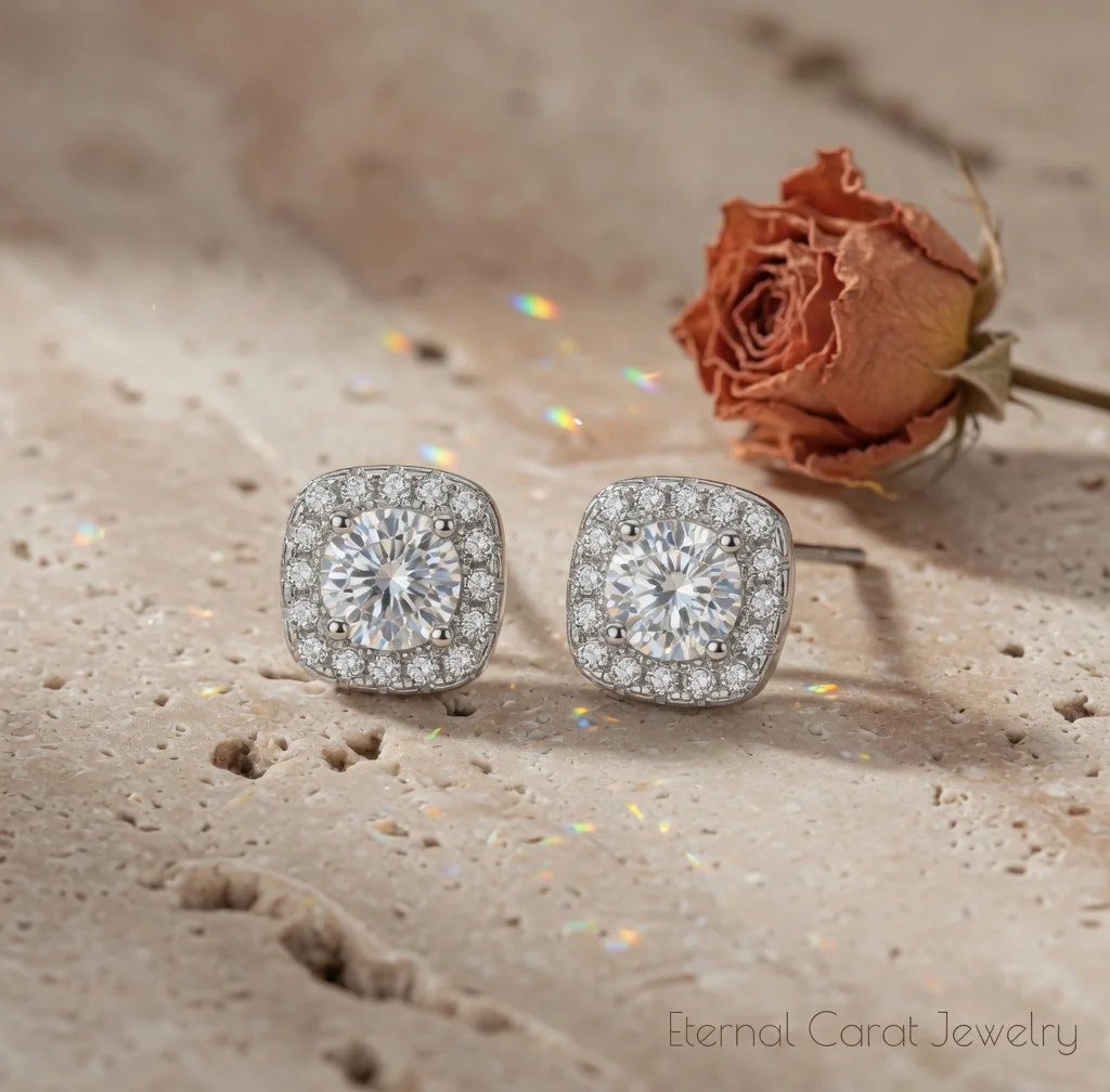 Luxury PT950 Platinum Square Halo Moissanite Stud Earrings Women Niche Light Luxury Fashion Jewelry Gift