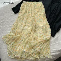 Pleated Skirts Women Floral Holiday Leisure Trendy Prairie Chic Ulzzang Female Ins All-match Folds Elastic Waist Elegant Summer