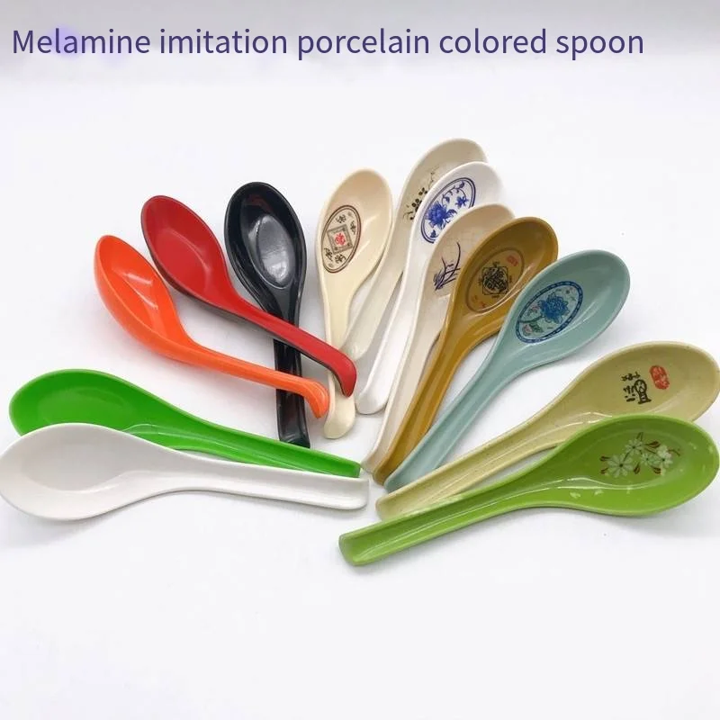 5 pcs Melamine tableware blue and white porcelain black commercial hotel ramen restaurant soup spoon with hook spoon