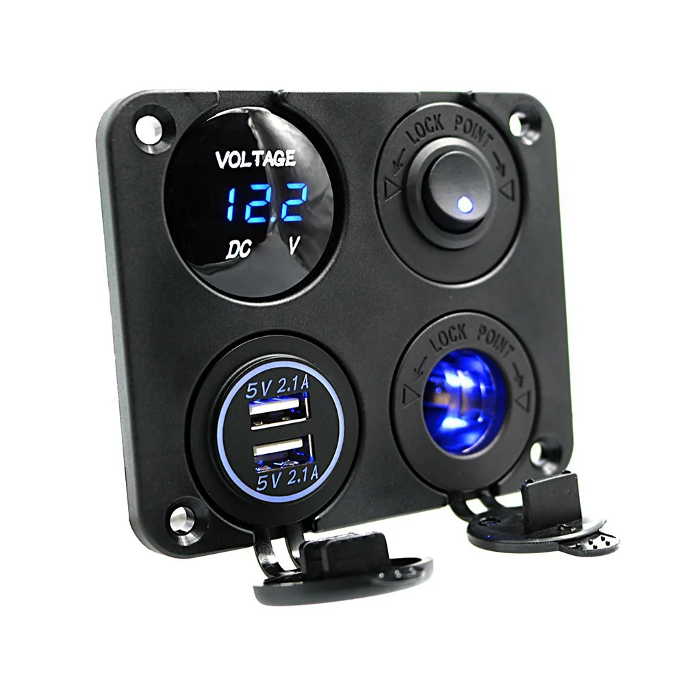 

4 in 1 Socket Panel 21A Dual USB Socket Blue LED Voltmeter 12-24v Universal for Car Boat