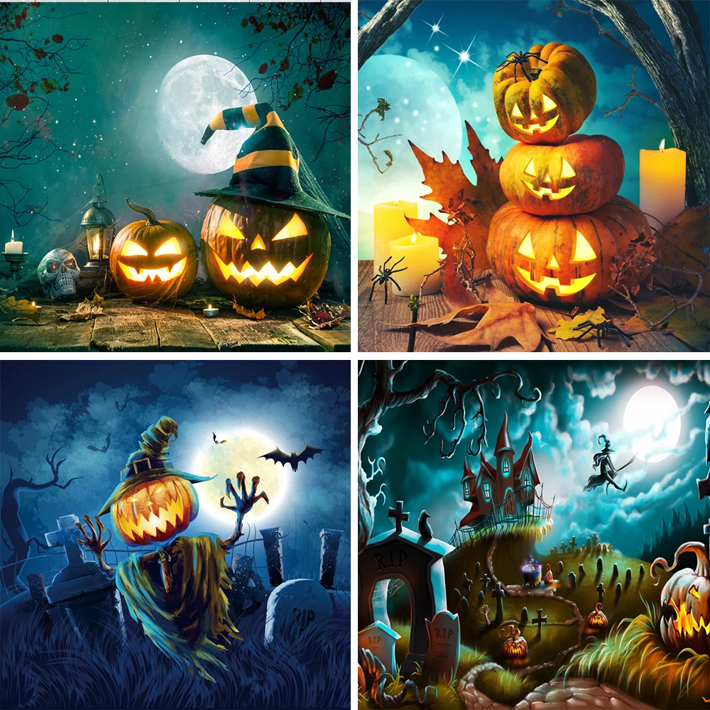 

Laeacco Halloween Background Pumpkin Lantern Tombstone Moon Bat Baby Birthday Photographic Photo Backdrop For Photo Studio