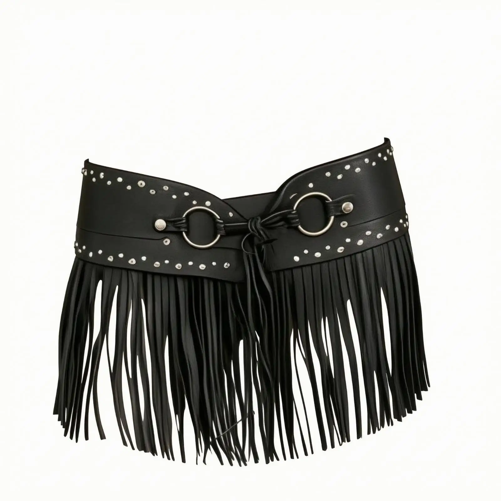 Statement Waist Belt with Metal Hardware PU Leather Wide Fringe Belt with Grommets Bright for Costume Styling, Festivals, Casual
