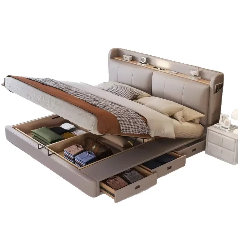 

Multifunctional leather bed, light luxury master bedroom storage double bed, drawer storage smart bed