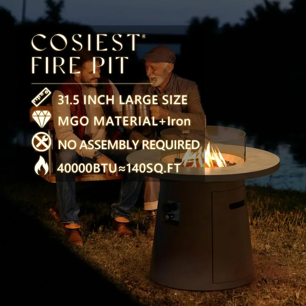 Portable Circular Fire Pit, Magnesium Oxide, Outdoor Propane Fire Table, 40000 BTU, Stainless Steel Fire Pit, 31.5