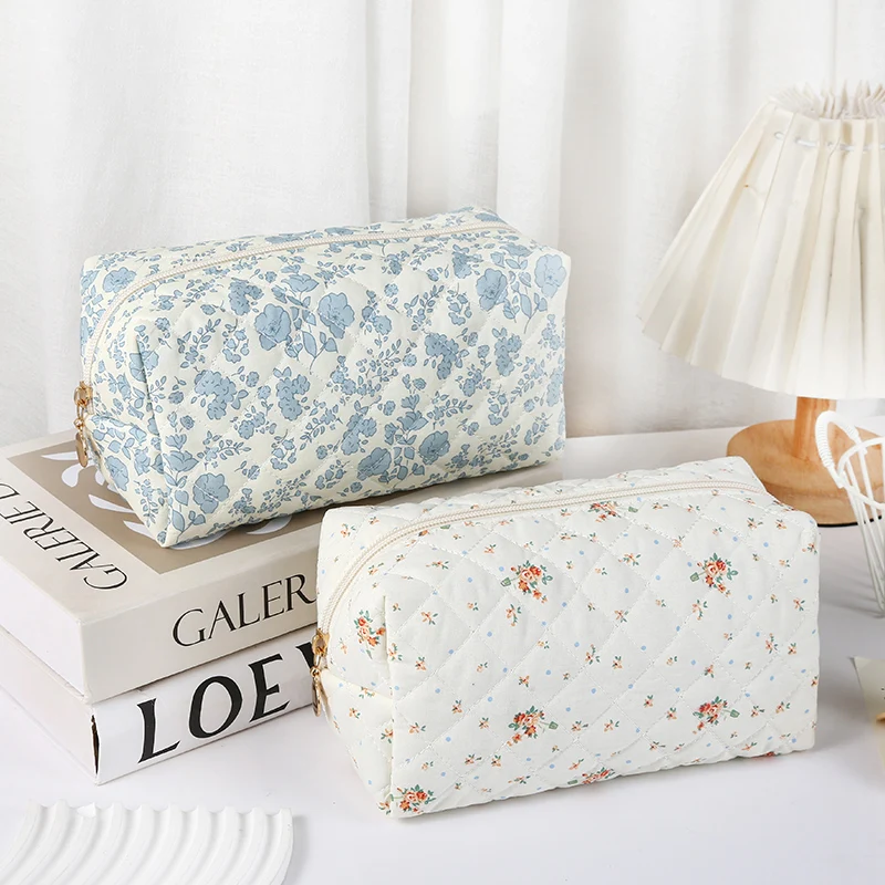 Floral Makeup Bag Large Capacity Cute Flowers Instagram Travel Storage Portable Quilted Cotton Bow Toiletry Bag