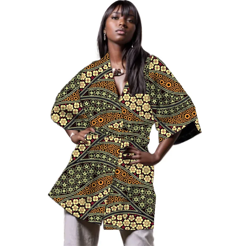 

Street Style Ladies' Windbreaker Loose Fit African Design Couture Traditional Print Women's Cardigan Jacket With Belt Tailored