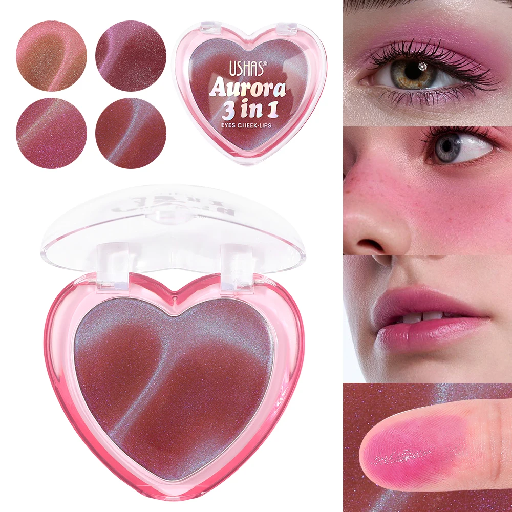 USHAS Rubor que cambia de color de triple función en forma de corazón: producto de maquillaje multiusos para ojos, mejillas y labios.