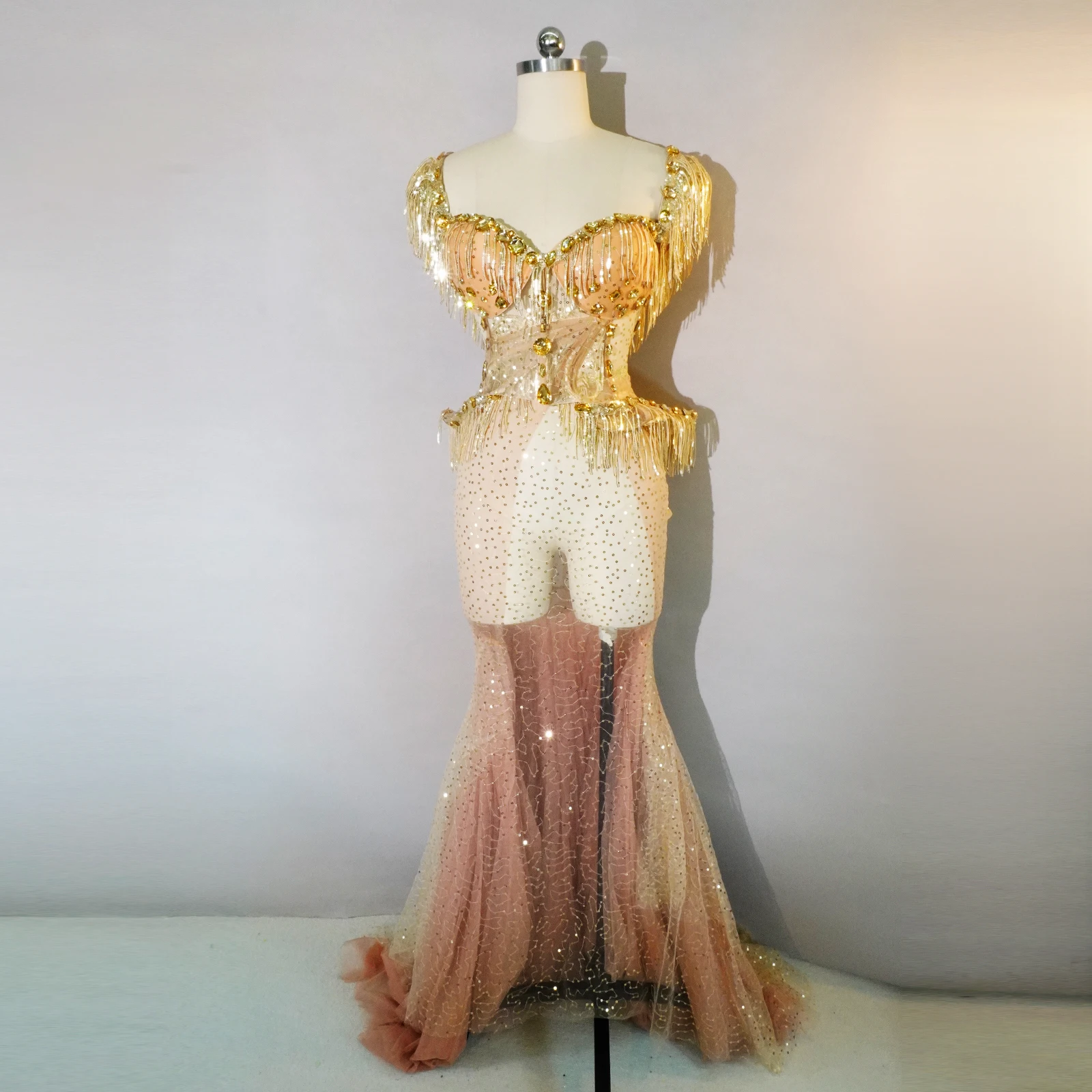 Robe de Soirée Personnalisée avec Franges en Strass Dorés pour Adulte, Tenue Sexy en Maille Perspective, pour Bal, ixd'Anniversaire, Costumes de Scène