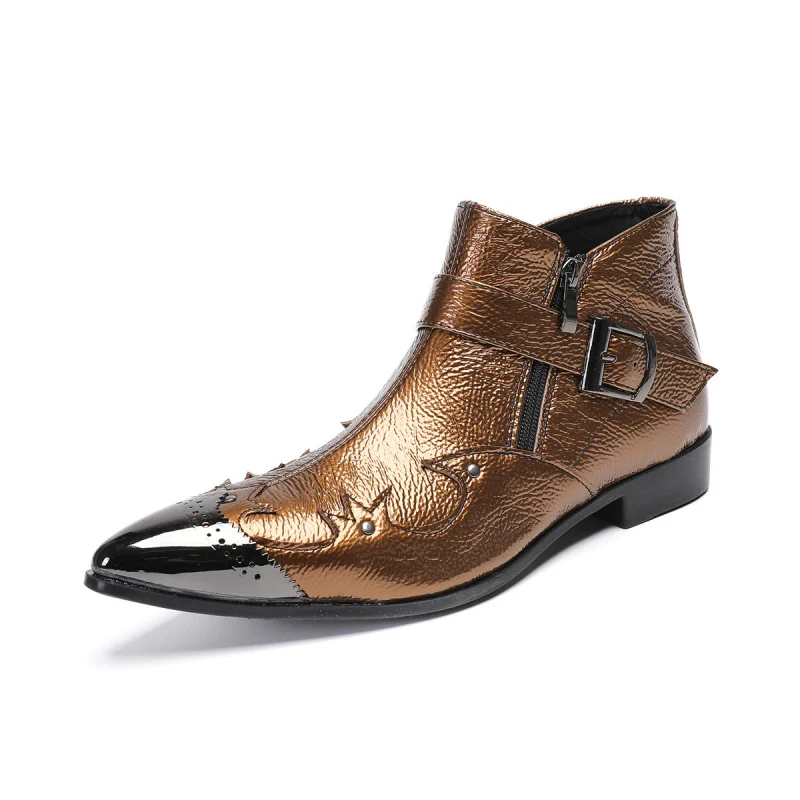 

luxury ankle Real leather zip pointed boots man elegant genuine leather booties zip toe metal outdoor black boots
