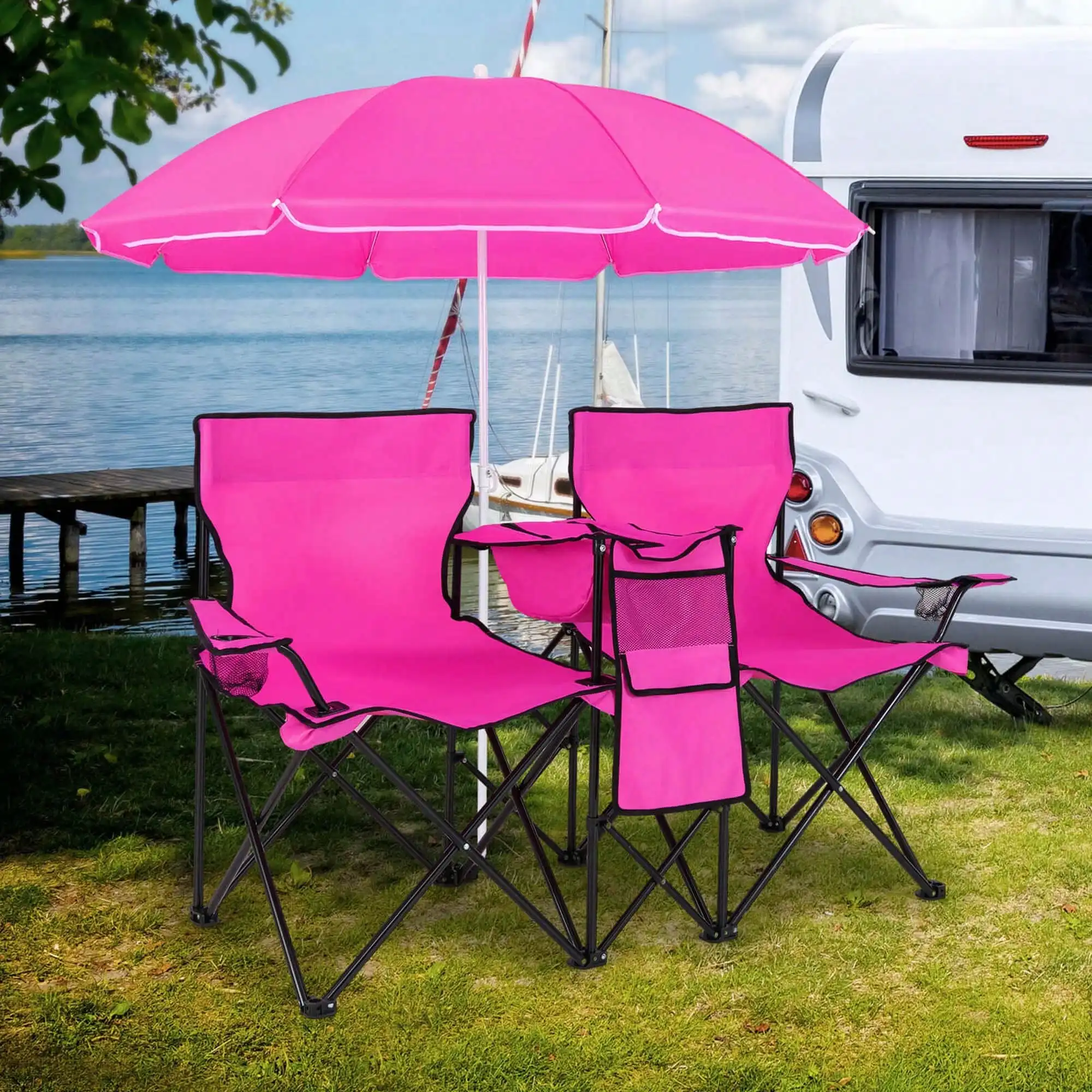 Folding Picnic Double Chair W/Umbrella Table Cooler Beach Camping Turquoise\Black\Red\Gray