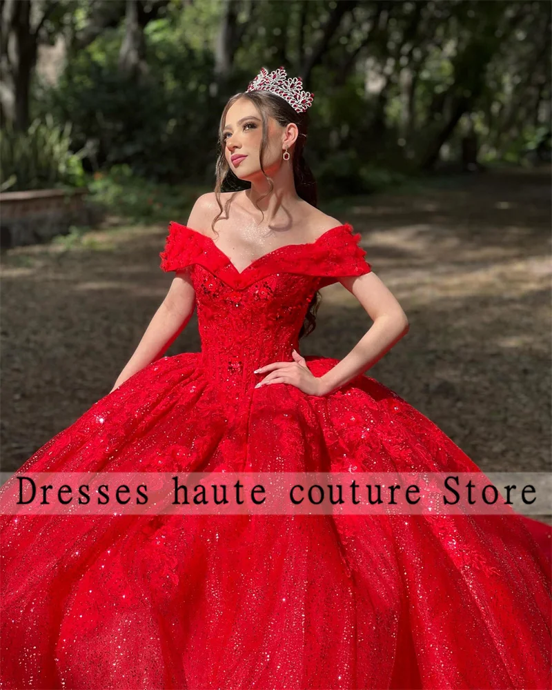 Vestido de baile rojo para quinceañera, traje de encaje con cuentas, hombros descubiertos, princesa Gril Sweet 15 16, fiesta de cumpleaños, novedad de 2024