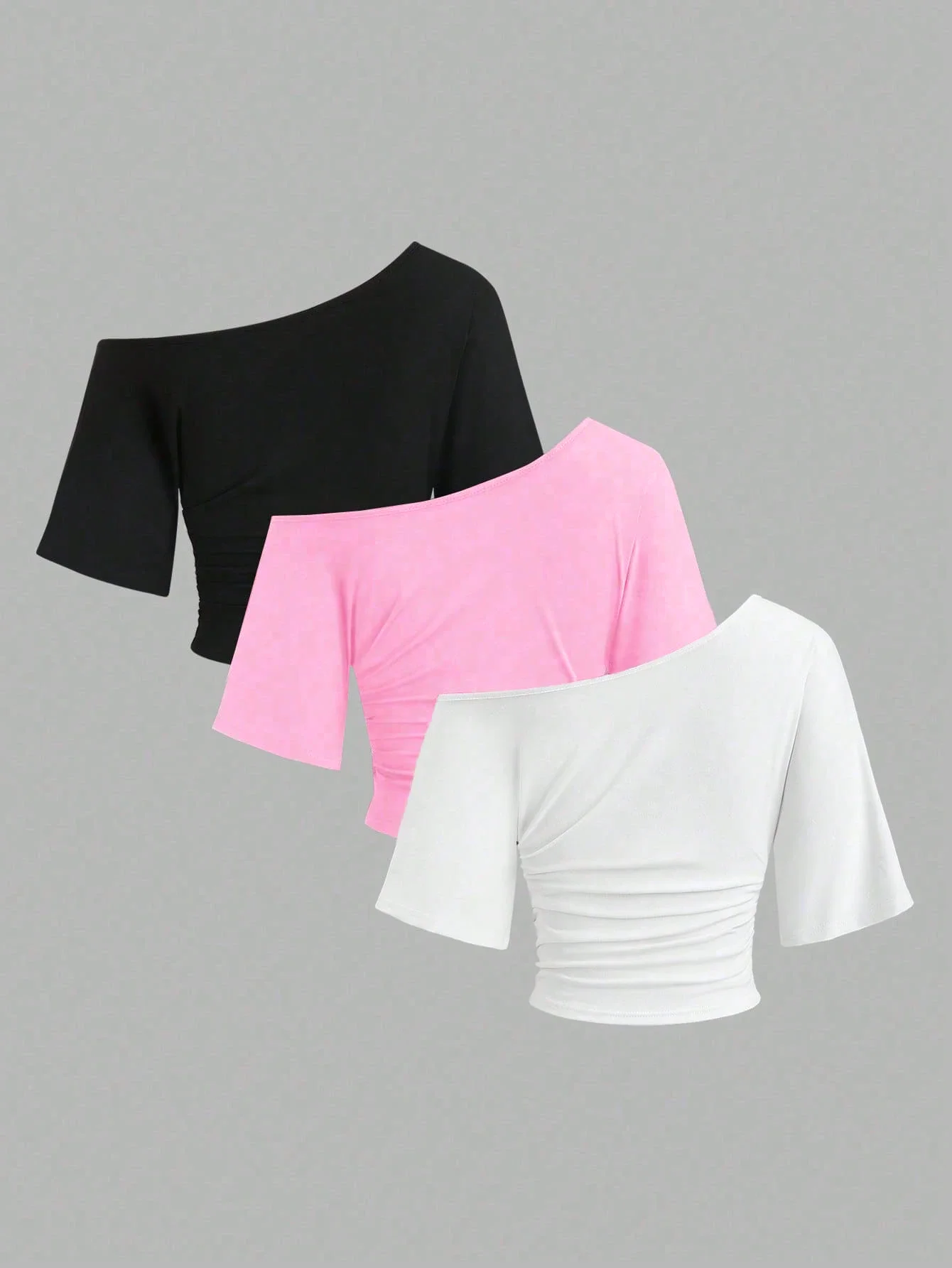 3 Pack Multi-color Women One Shoulder Short Sleeve Side Ruched Cropped T Shirt 2026 Summer Y2K Going Out Streetwear Tops