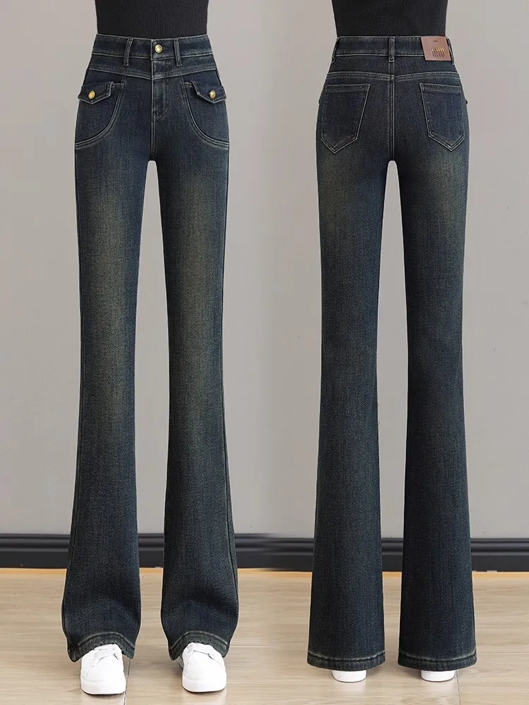 

Женские утепленные джинсы с высокой талией и флисовой подкладкой, зауженные, в стиле ретро, повседневные, теплые, для осени и весны