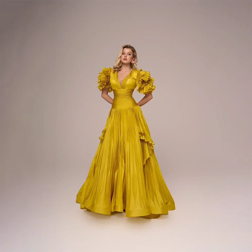 Gouden Avondjurk voor Vrouw V-hals Een Lijn Lange Prom Jassen Plooi Vloerlengte Elegante Feestjurken 2025, Aangepast