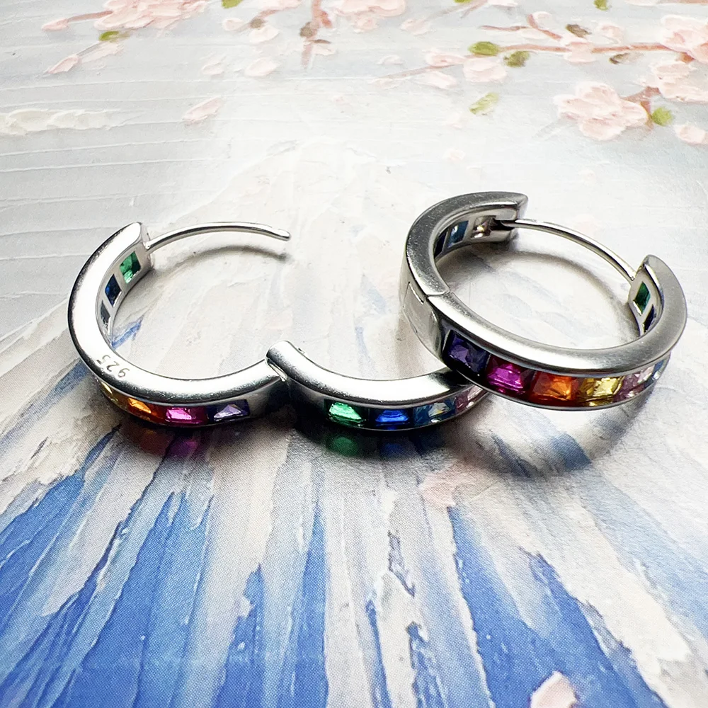 Rainbow Colours Stone Hoop Earrings Creole Europe Glam Fine Jewerly For Women Bohemia Gift In Real 925 Sterling Silver