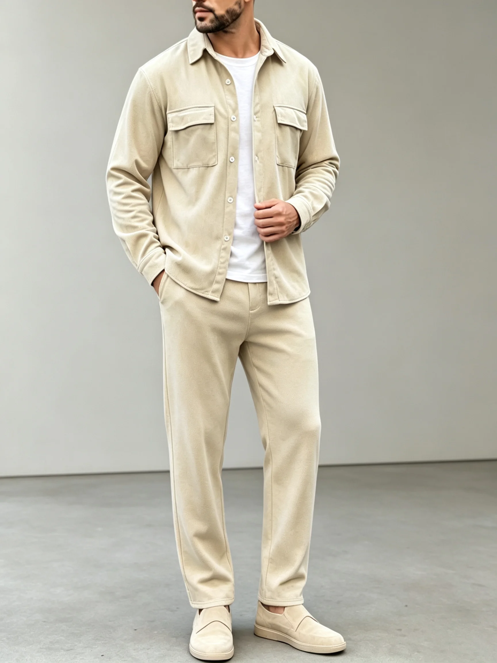 Men 2 Piece Outfit Set Long Sleeve Button Down Shirt Jacket & Straight Leg Casual Pants, Solid Color TwoPocketShacketTrousersSet