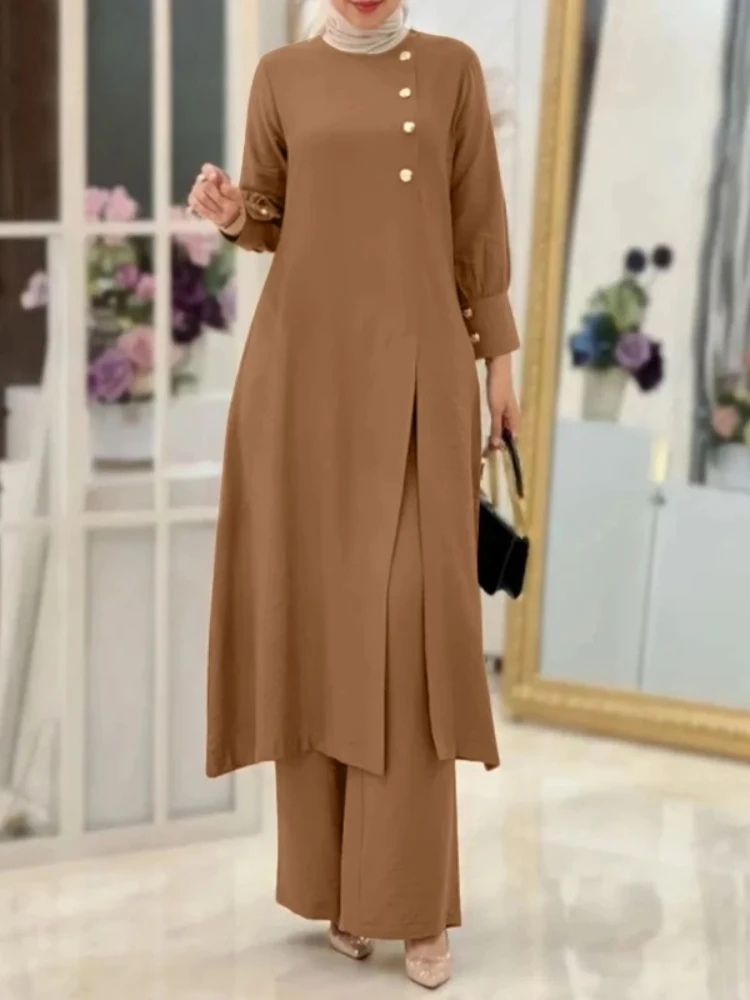 Women Eid Muslim Sets Musulman Ensemble Two Pieces Dubai Belt Blouses Wide Leg Pants Loose Casual Arab Ramadan Solid Kaftan 2024