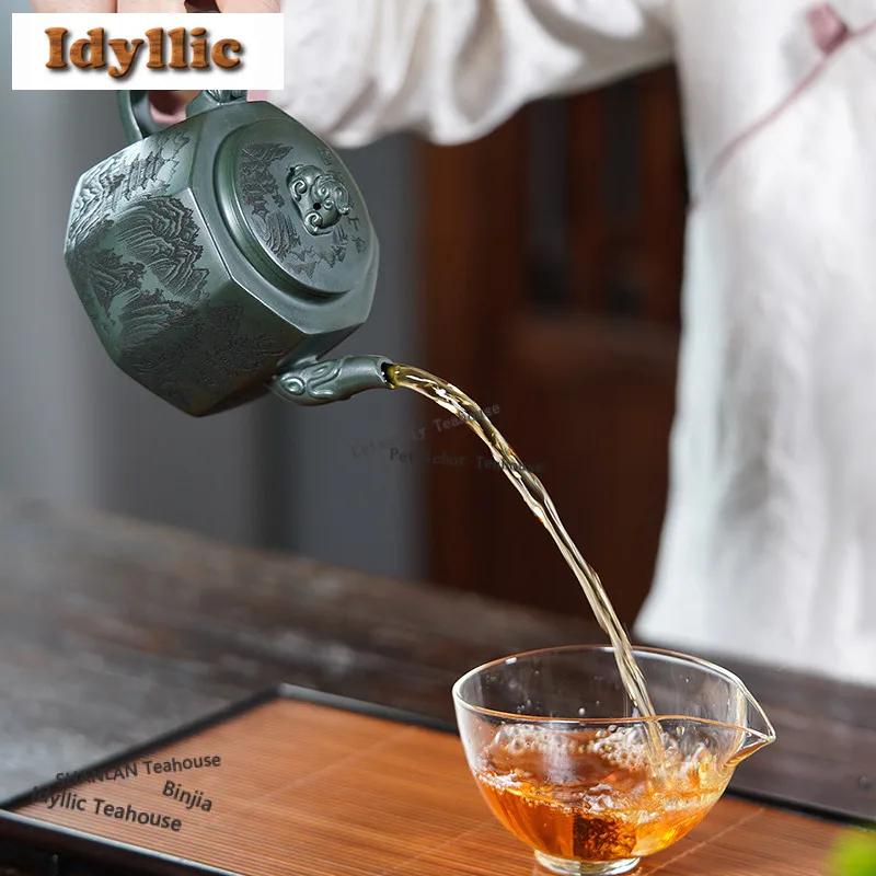 350ml Yixing Purple Clay Teapots Handmade Double Dragon Octagon Pot Raw Ore Green Mud Kettle Zisha Tea Set Ornaments Supplies