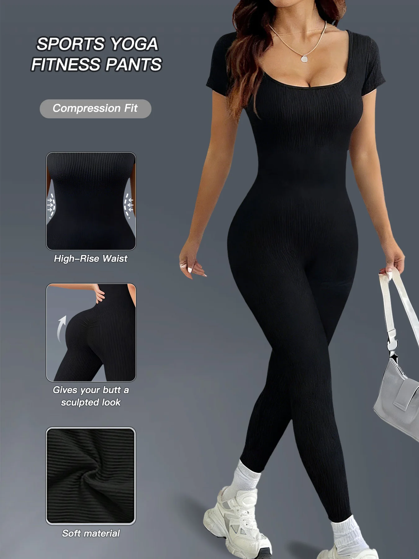 Seamless Ribbed Yoga Jumpsuit Women High Waist Compression Fit Short Sleeve Workout Bodysuit Casual Style