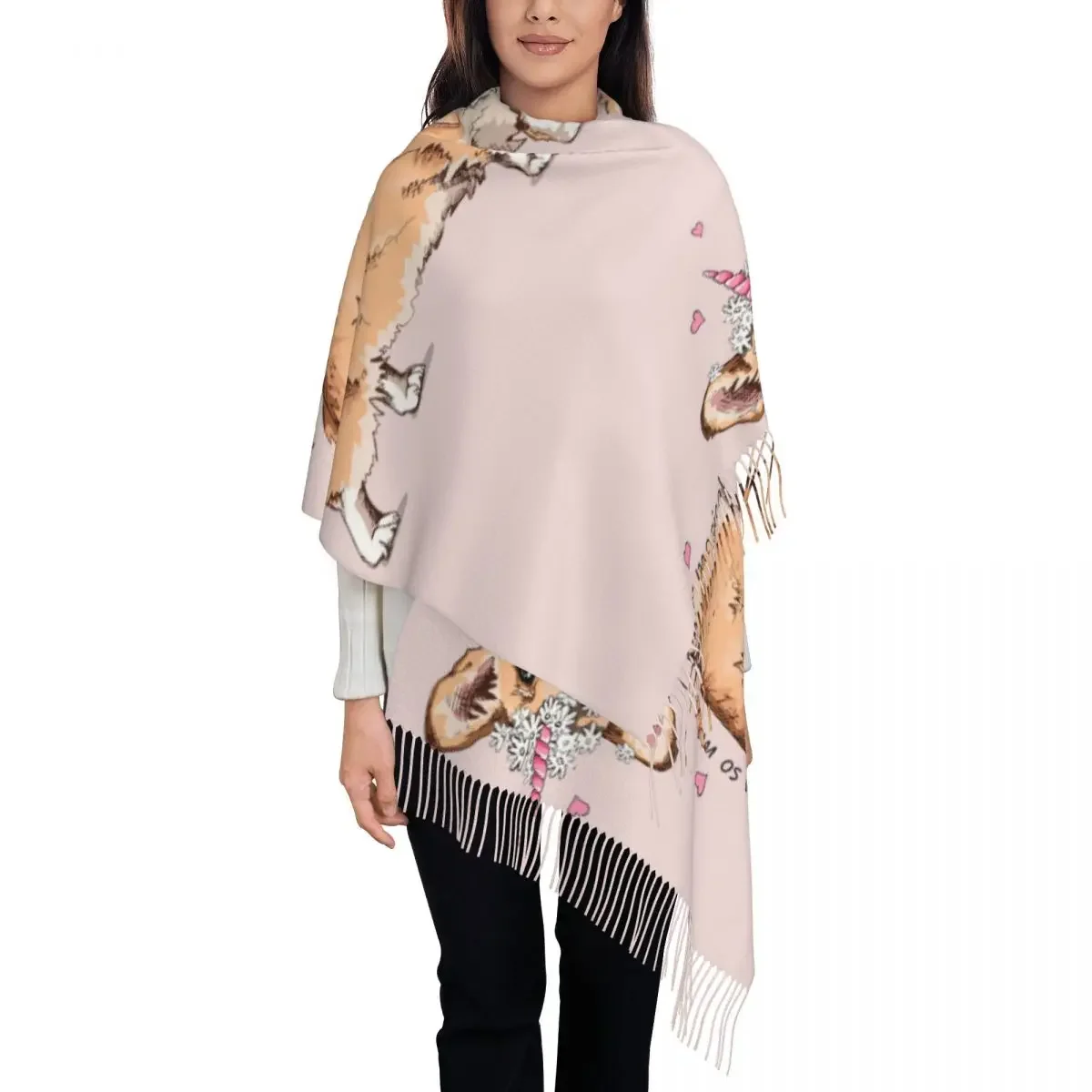 Welsh Corgi Dog With Pink Unicorn Horn And Chamomile Flowers Women's Pashmina Shawl Wraps Fringe Scarf Long Large 