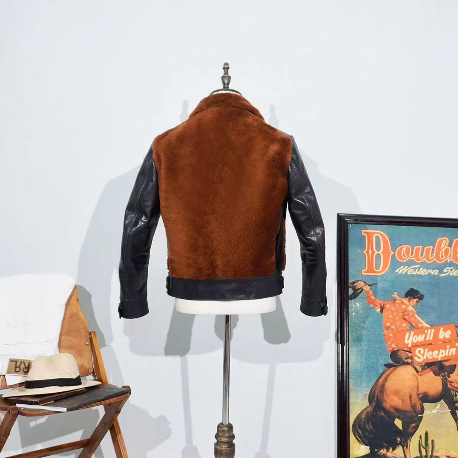 Tailor Brando American Retro Vegetable Tanned Horse Leather & Sheepskin Shearling Men's Classic Grizzly Leather Jacket