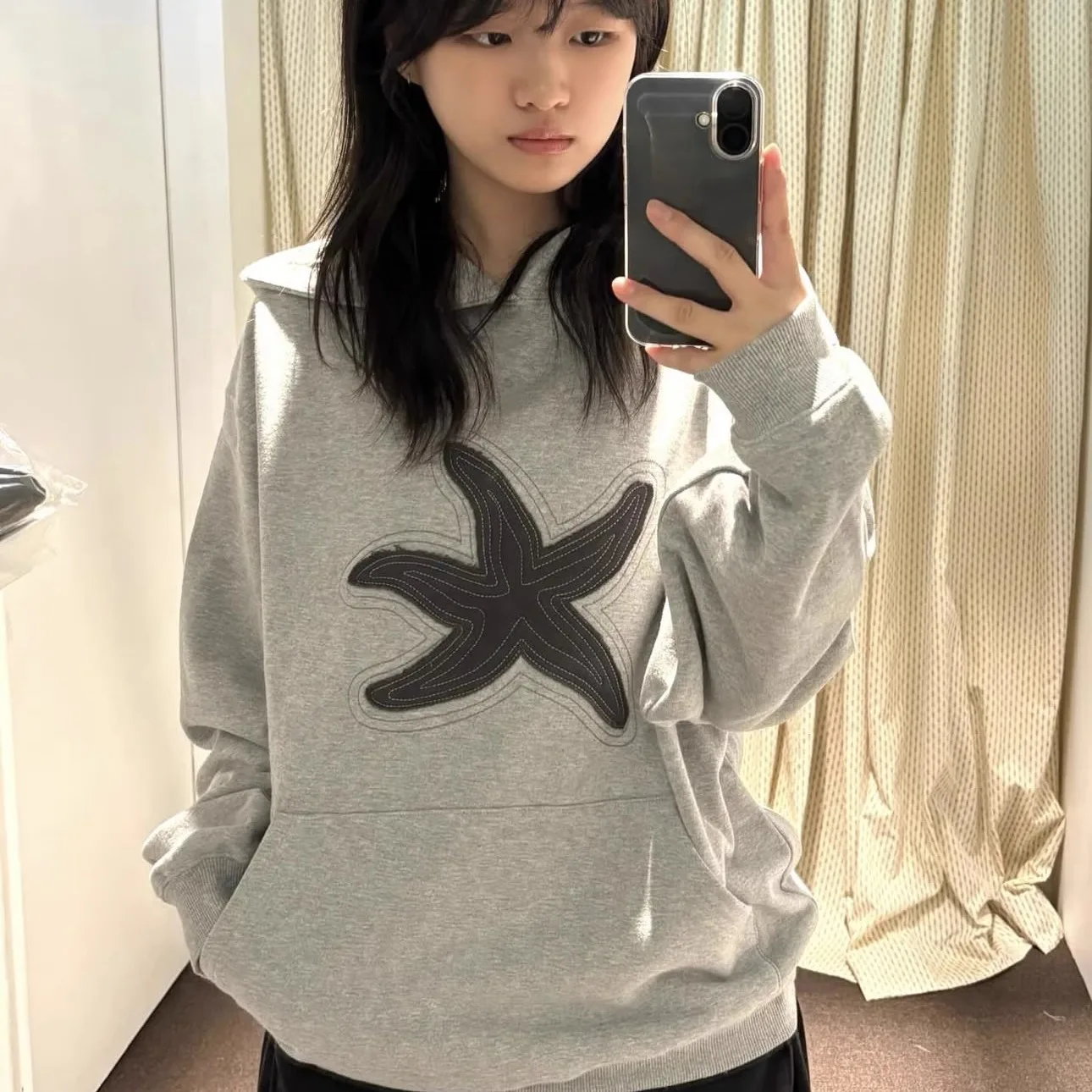 

Casual Oversized Star Patch Embroidery Hoodie Vintage Sle Women's Sweatirt Comfortable Loose Fit Long Sve Hoodie